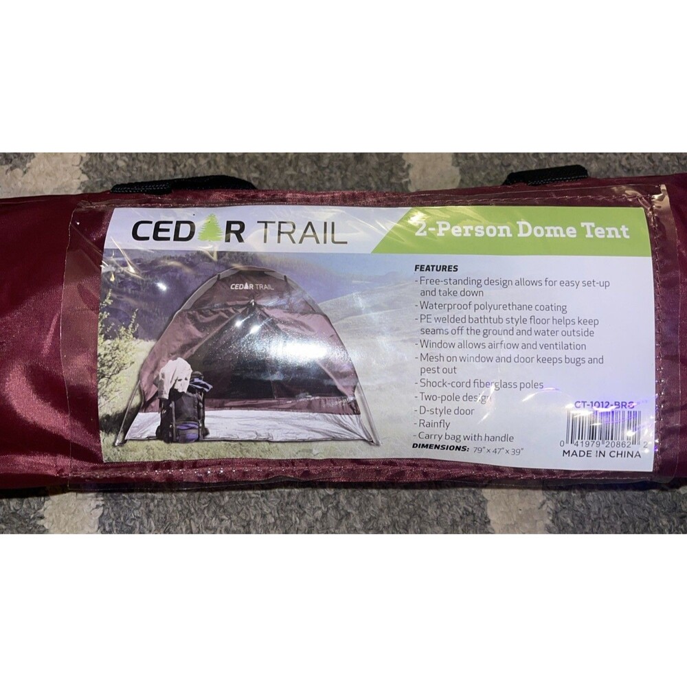 Cedar Trail 2-Person Dome Tent w/Storage Bag Burgundy Shock Cord Fiberglass Pole